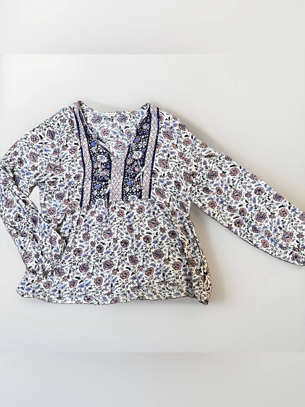 Lucky Brand Floral Peasant Tunic Long Balloon Sleeve Modal Blouse Size L Boho